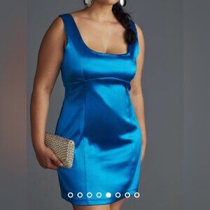 Anthropologie Maeve Square-Neck Satin Mini Dress in Blue